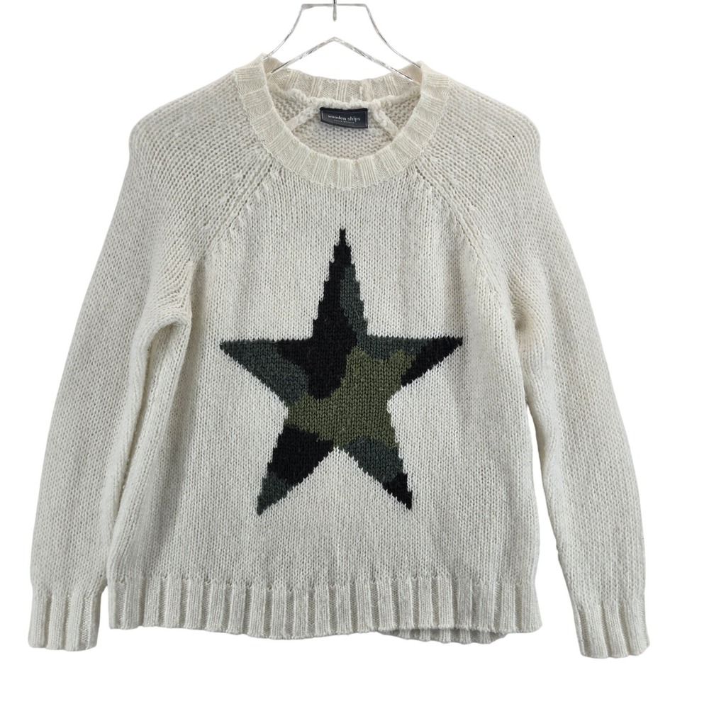 Wooden Ships Camo Star Raglan Crew Sweater Cream Mohair Blend XS S Oversized - Picture 2 of 10